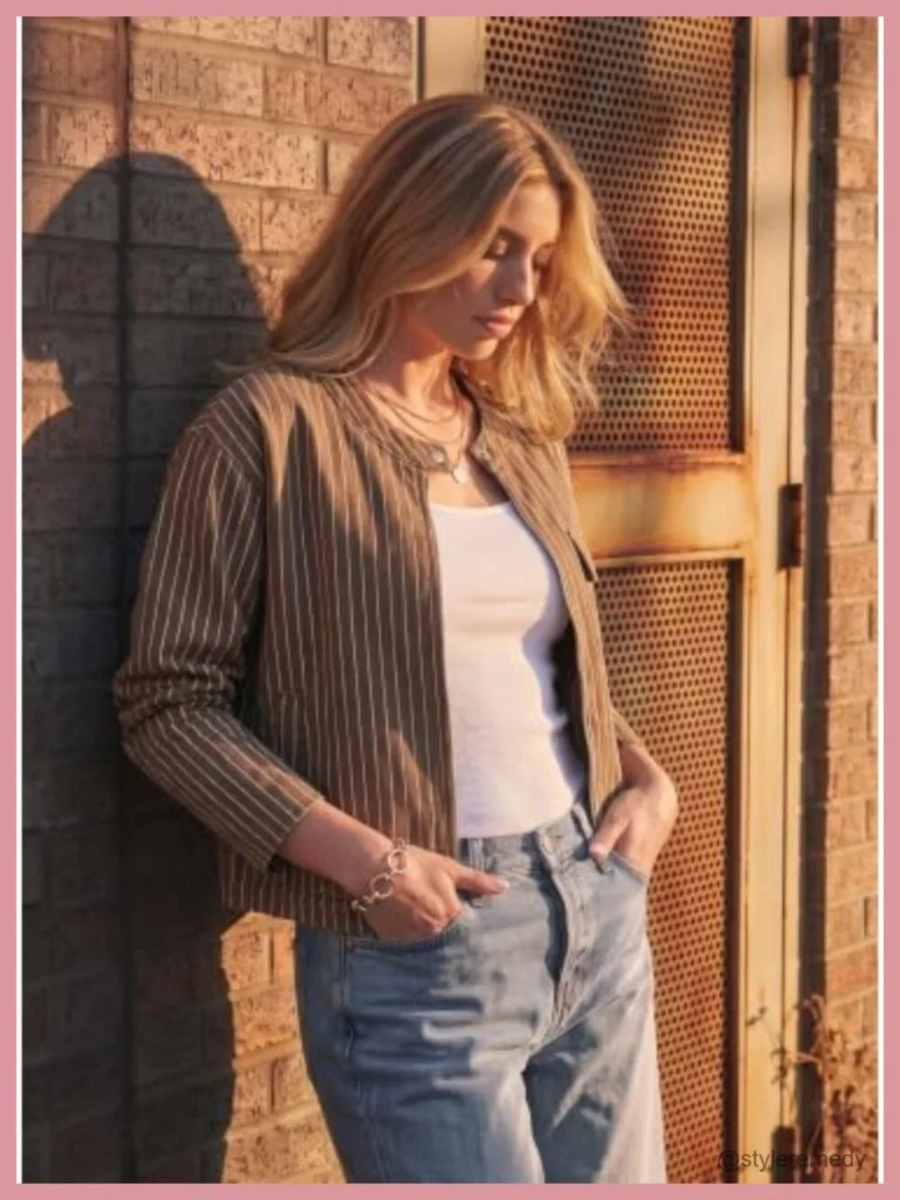 Striped Denim Jacket Zipper Button Casual Loose Fit Cotton Blend